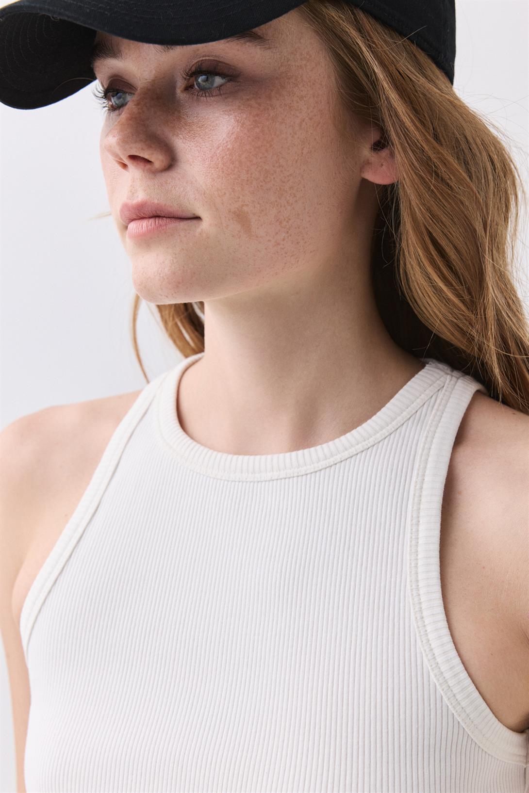 Kadın Bisiklet Yaka Örme Atlet Beyaz 9016