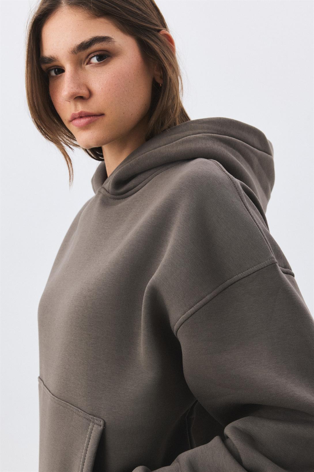 Kadın Premium Kapşonlu Cep Detaylı Eşofman Takımı Antrasit 2033