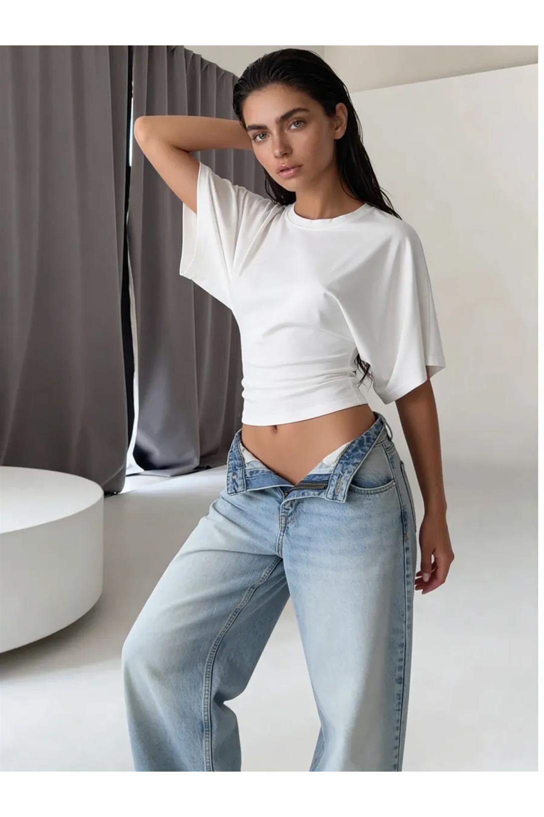 Kadın Bele Oturan Geniş Kollu Premium Bluz Beyaz