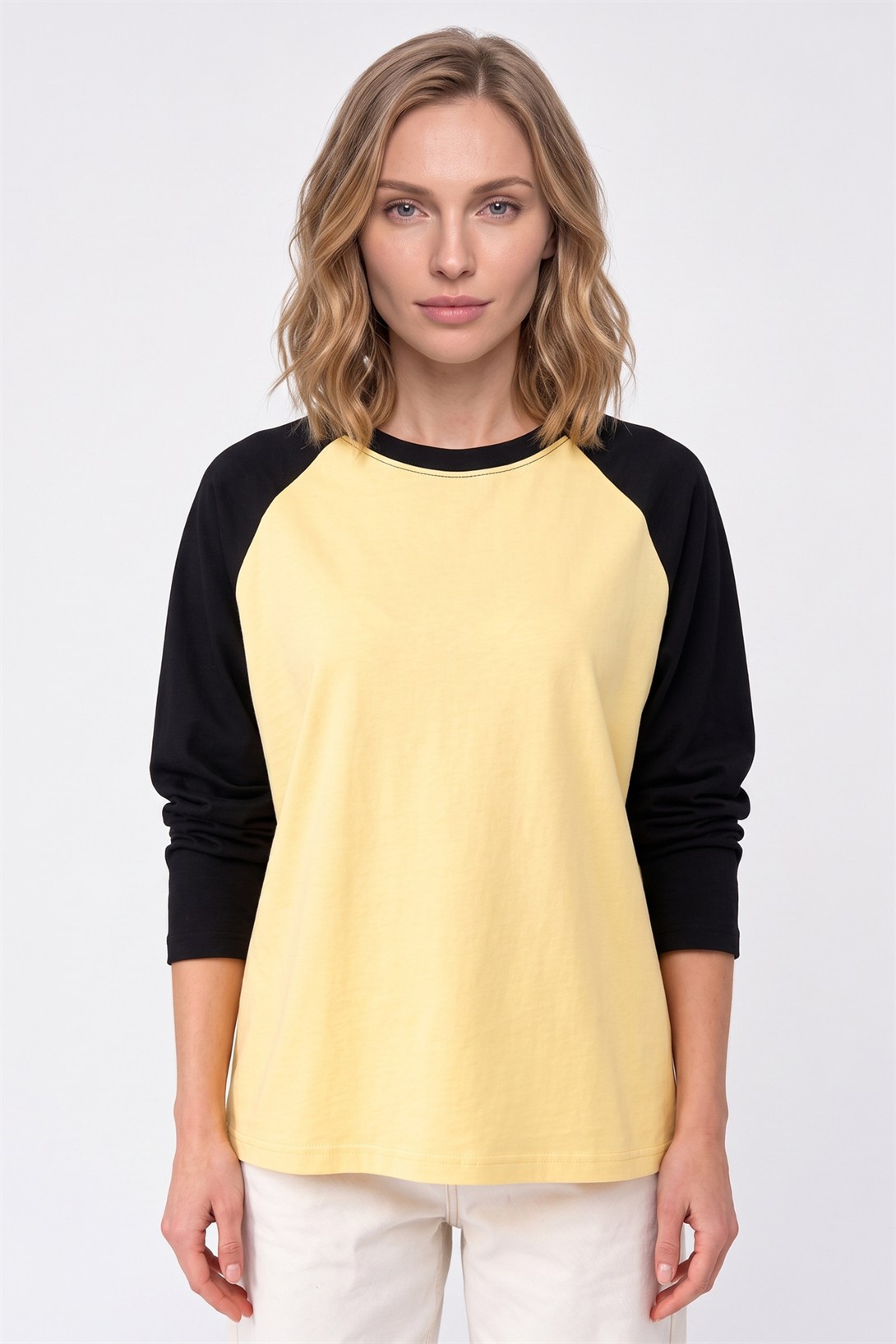Kadın Reglan Kol Uzun Kollu Interlok T-Shirt Sarı Siyah 