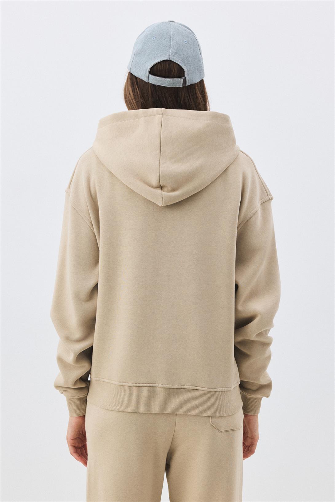 Kadın Premium Fermuarlı Kapşonlu Sweatshirt Taş 2032