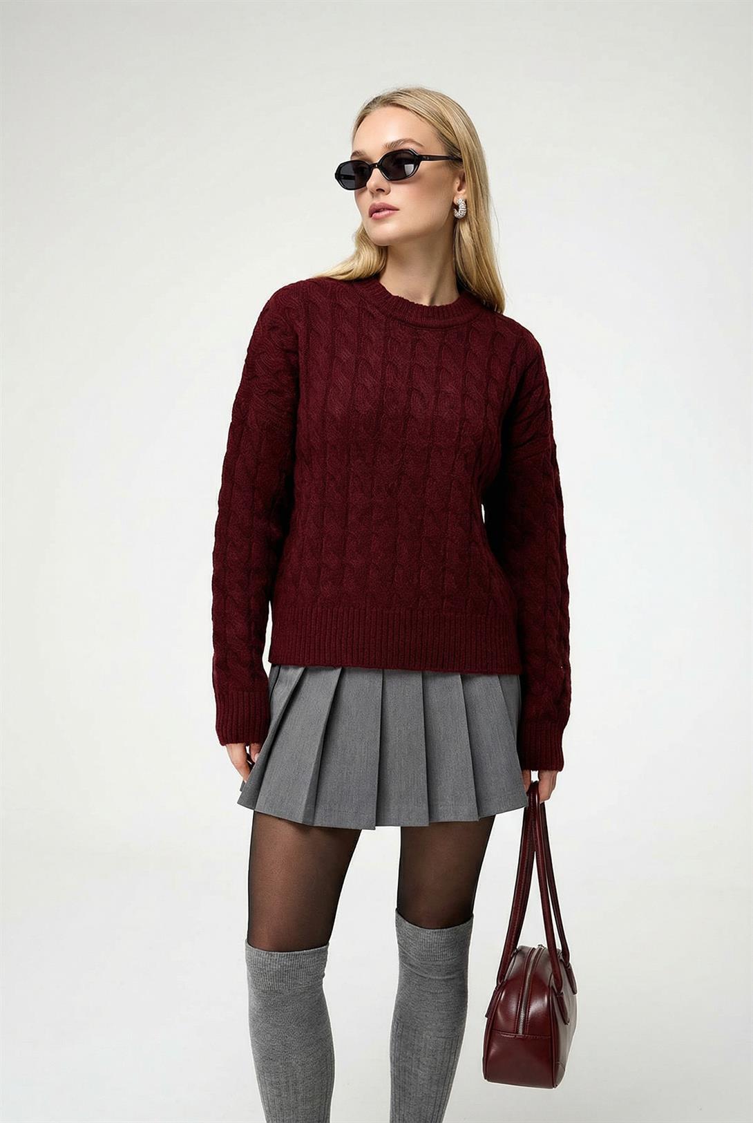 Kadın Baklava Desenli Kazak Bordo