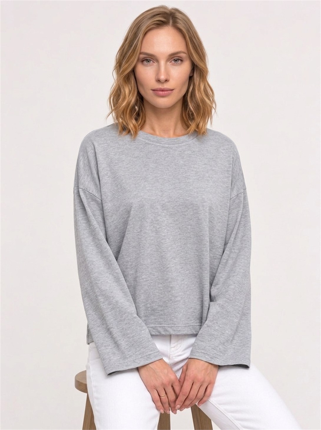 Kadın %100 Pamuk Bisiklet Yaka Uzun Kollu T-shirt Grimelanj