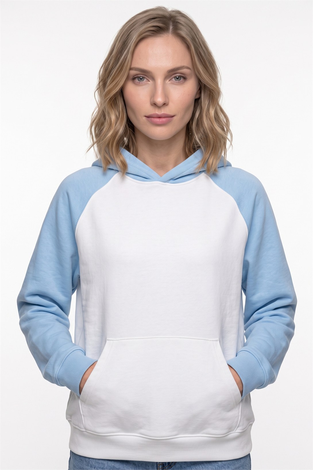 Kadın Reglan Kol Sweatshırt Mavi Beyaz