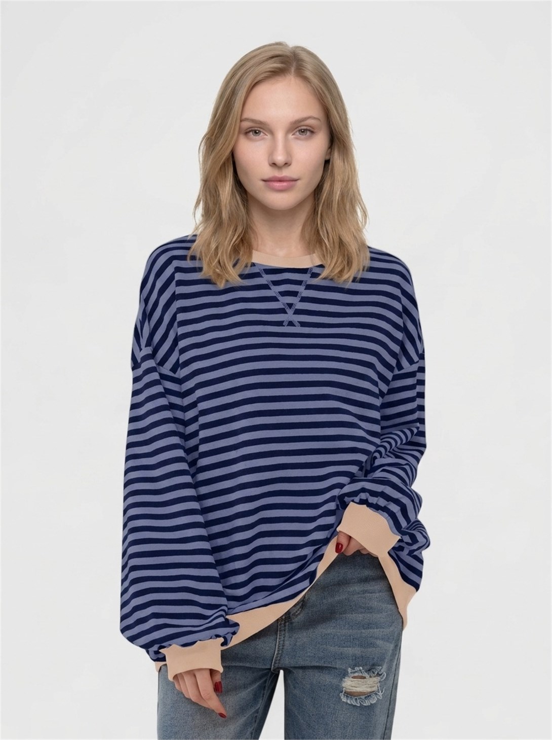 Kadın Çizgili Ribanalı Oversize Sweatshirt Lacivert Mavi