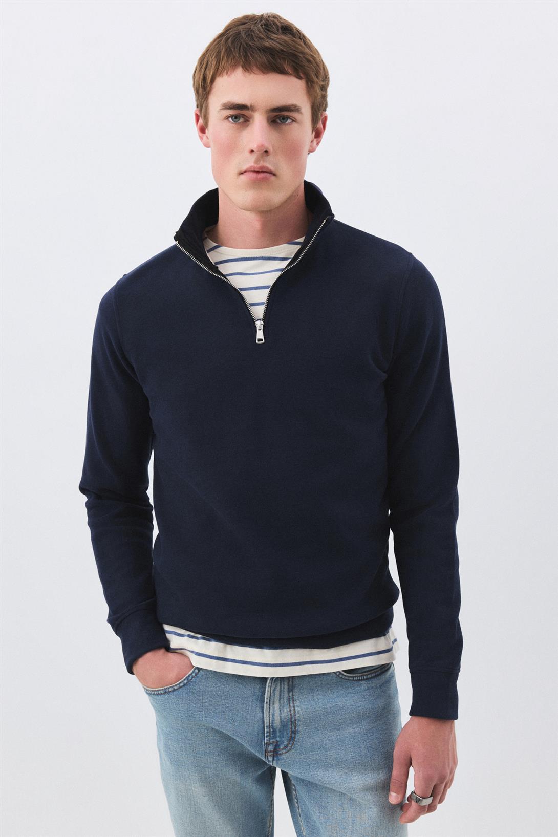Erkek Standart Fit Pamuklu Selanik Kumaş Yarım Fermuarlı Dik Yaka Sweatshirt Lacivert