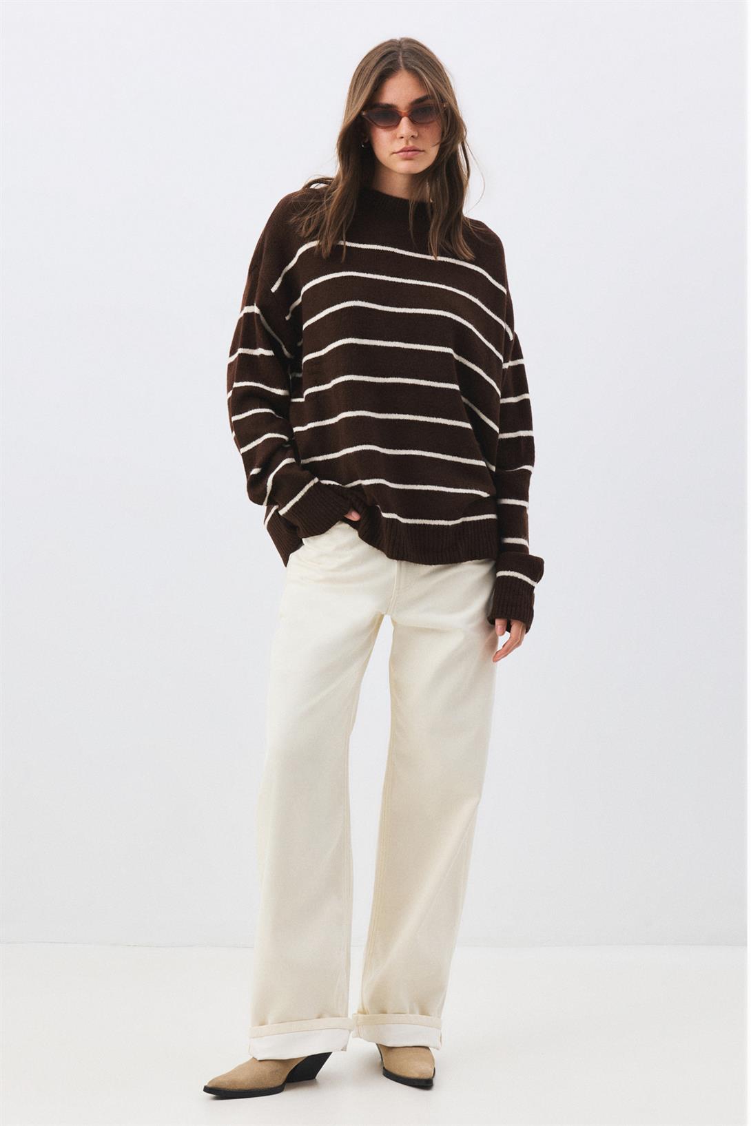 Kadın Salaş Yumuşak Dokulu Çizgili Triko Kazak Kahverengi 6944