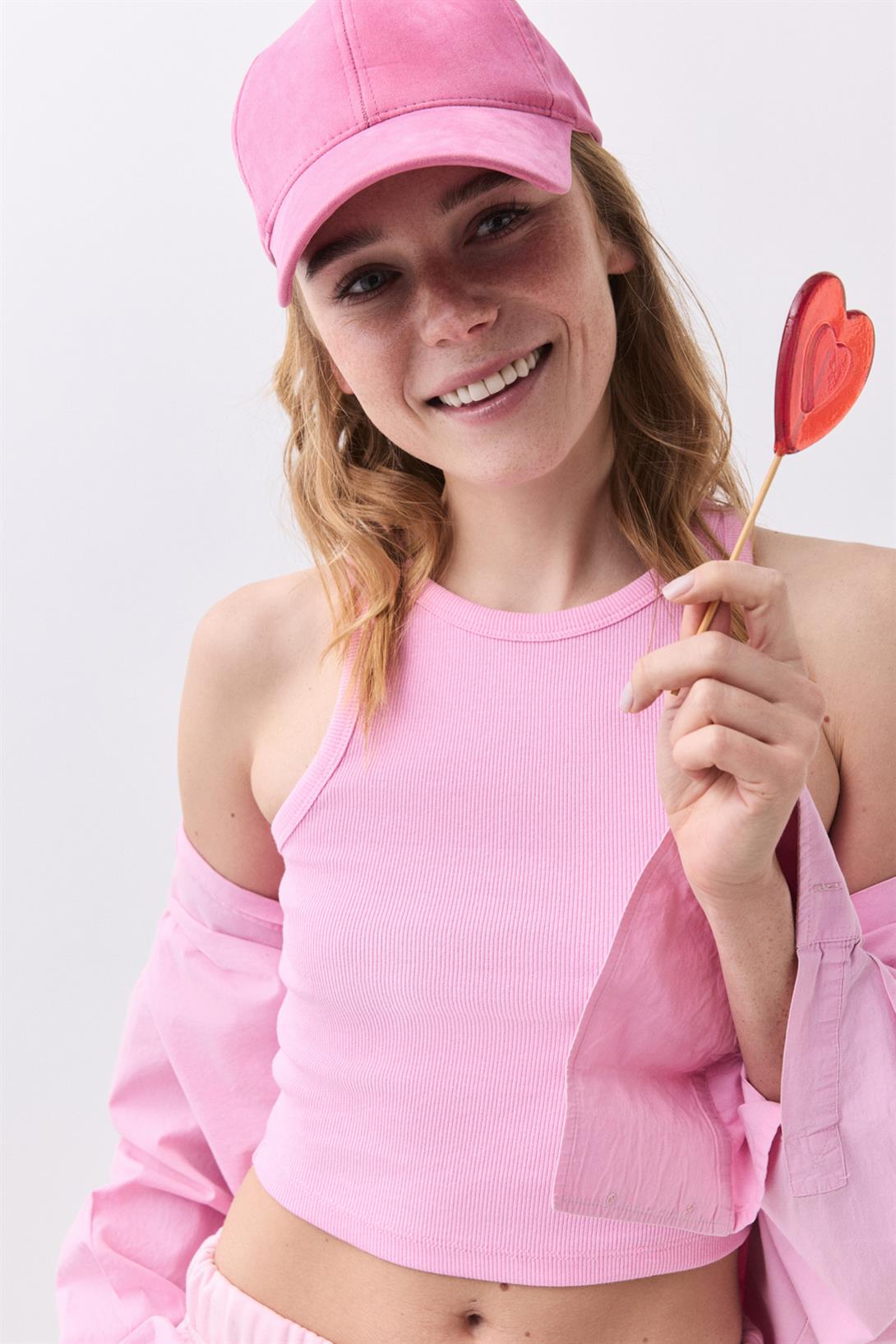 Kadın Slim Fit Dar Kalıp Sıfır Kol Bisiklet Yaka Örme Crop Atlet Pembe  9013