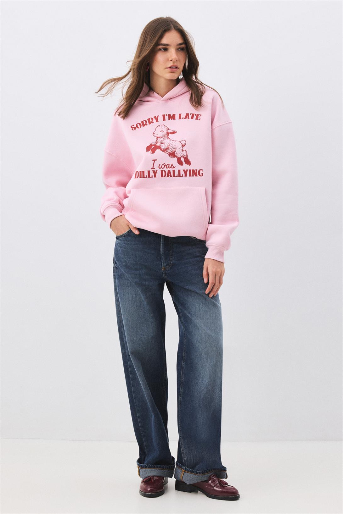 Kadın Sorry Im Late Sweatshirt Pembe