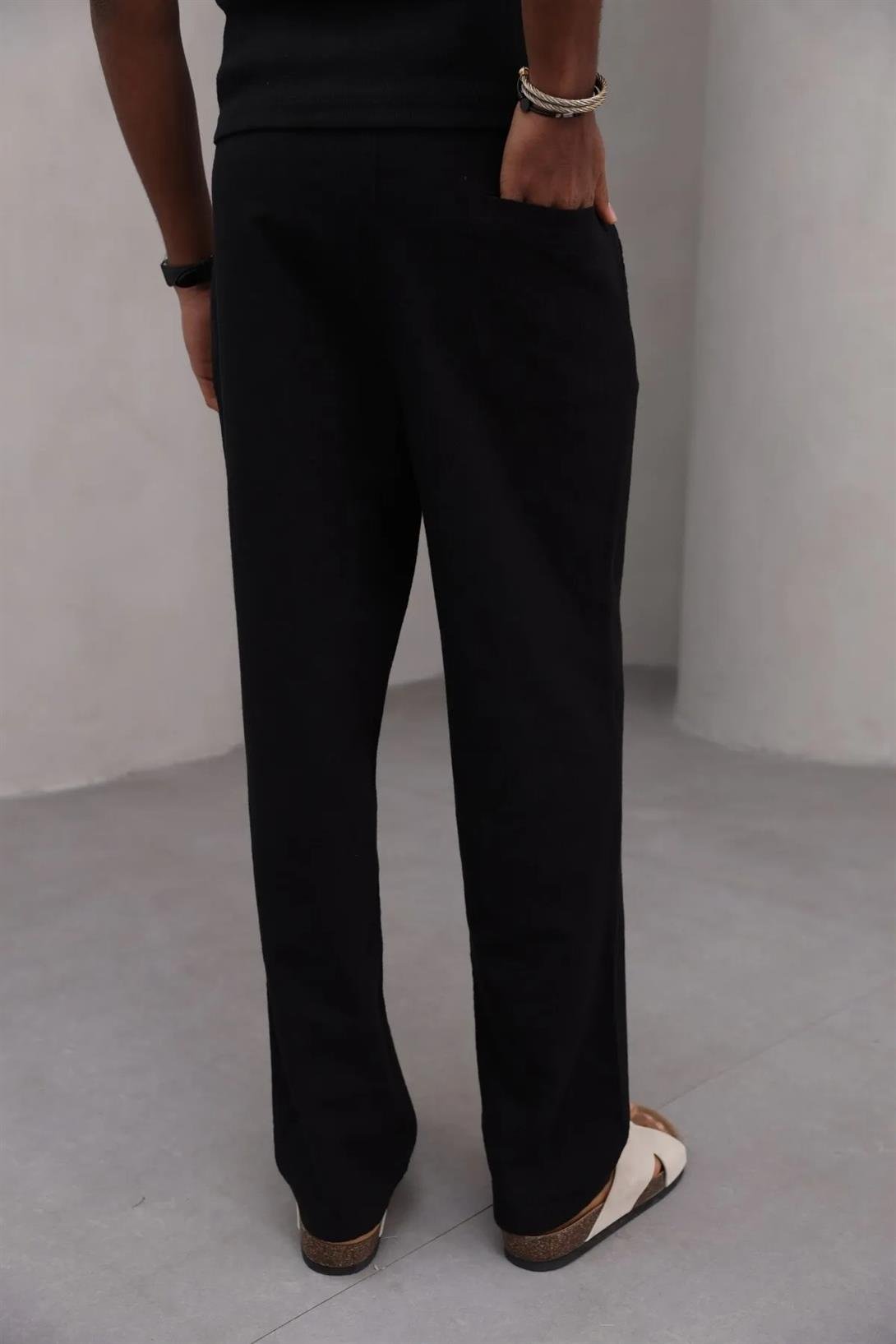 Erkek Premium Rahat Kesim %100 Cotton Bağcıklı Erkek Pantolon Siyah