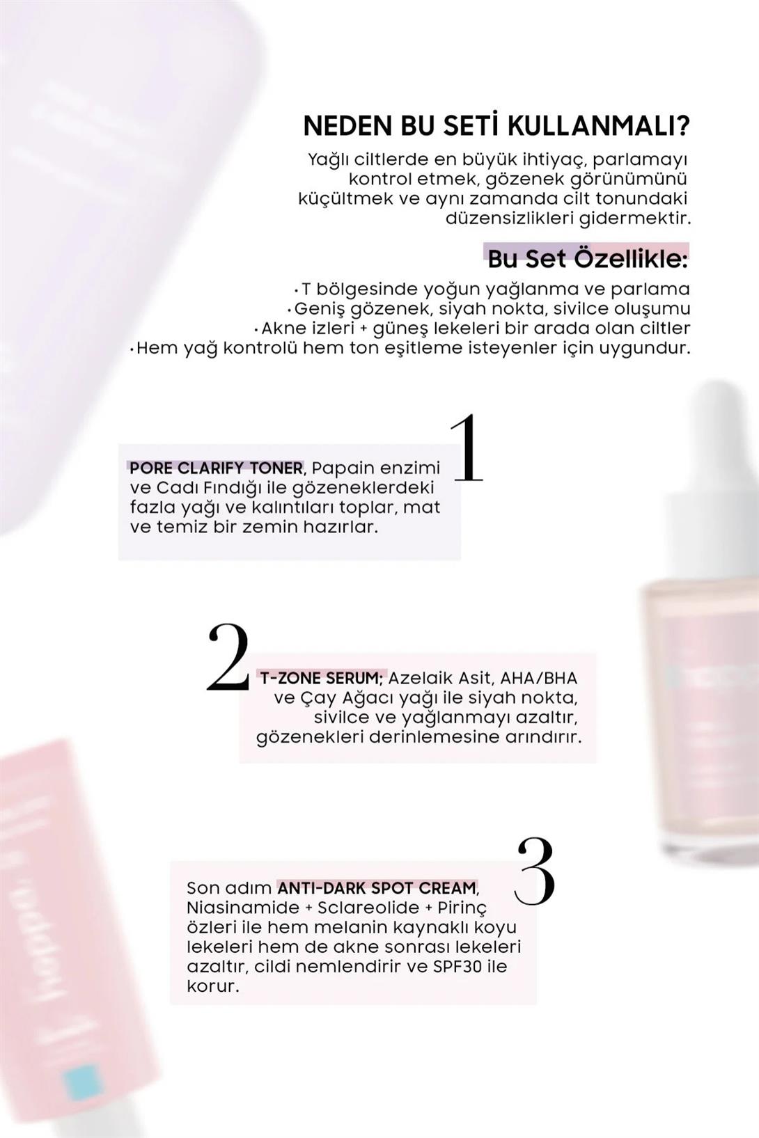 Hoppa Yağlı Ciltler İçin Yağlanma, Akne ve Leke Karşıtı Bakım Seti, Tonik + Serum + Leke Kremi SPF30