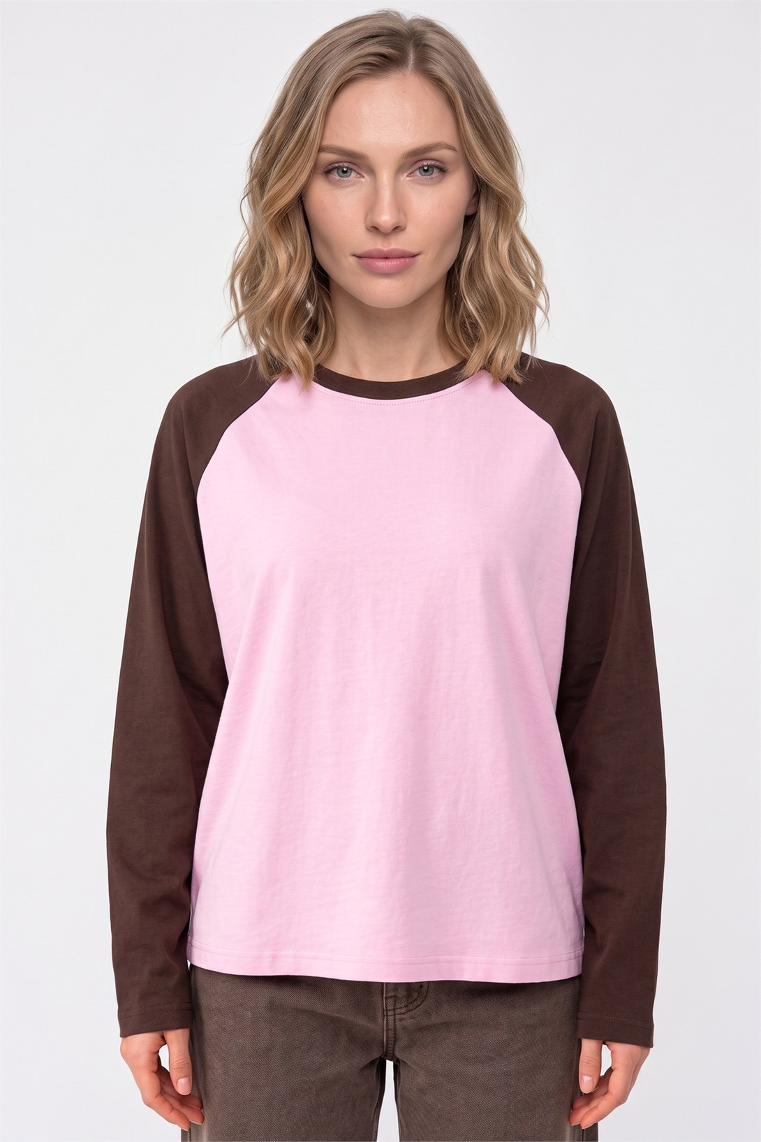 Kadın Reglan Kol Uzun Kollu Interlok T-Shirt Kahve Pembe