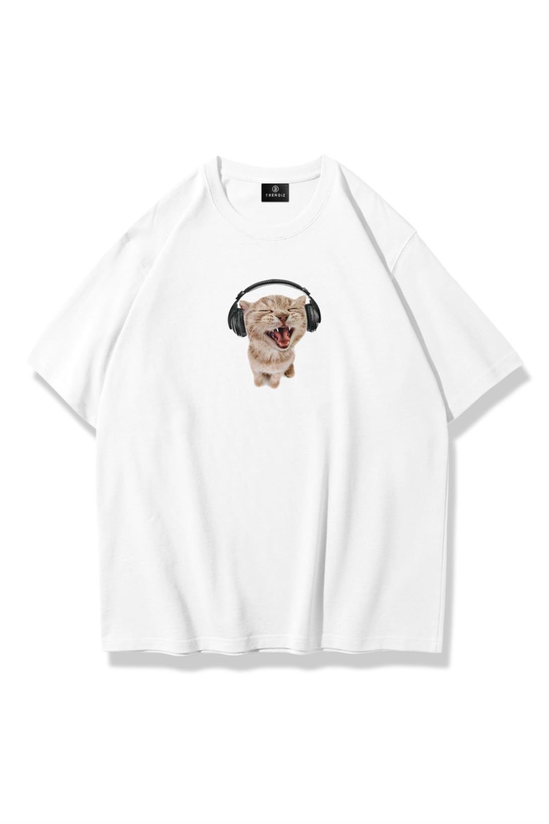 Unisex Kulaklıklı Kedi Tshirt Beyaz