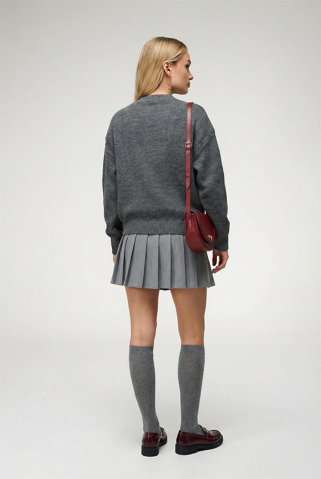 Kadın Bordo Kol Detaylı Düğmeli Hırka Kazak Antrasit