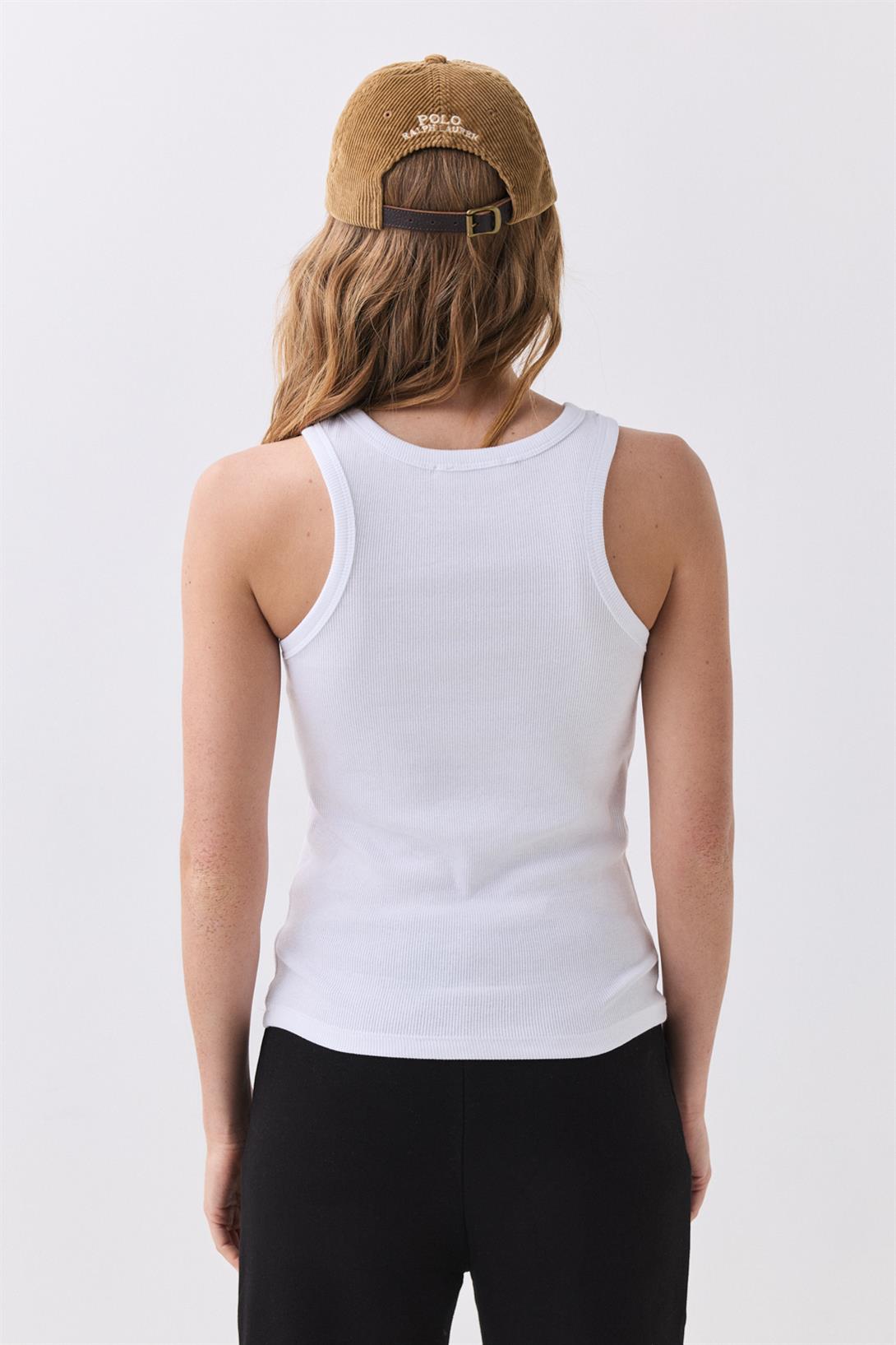 Kadın Slim Fit Dar Kalıp Sıfır Kol Bisiklet Yaka Örme Crop Atlet Beyaz  9013