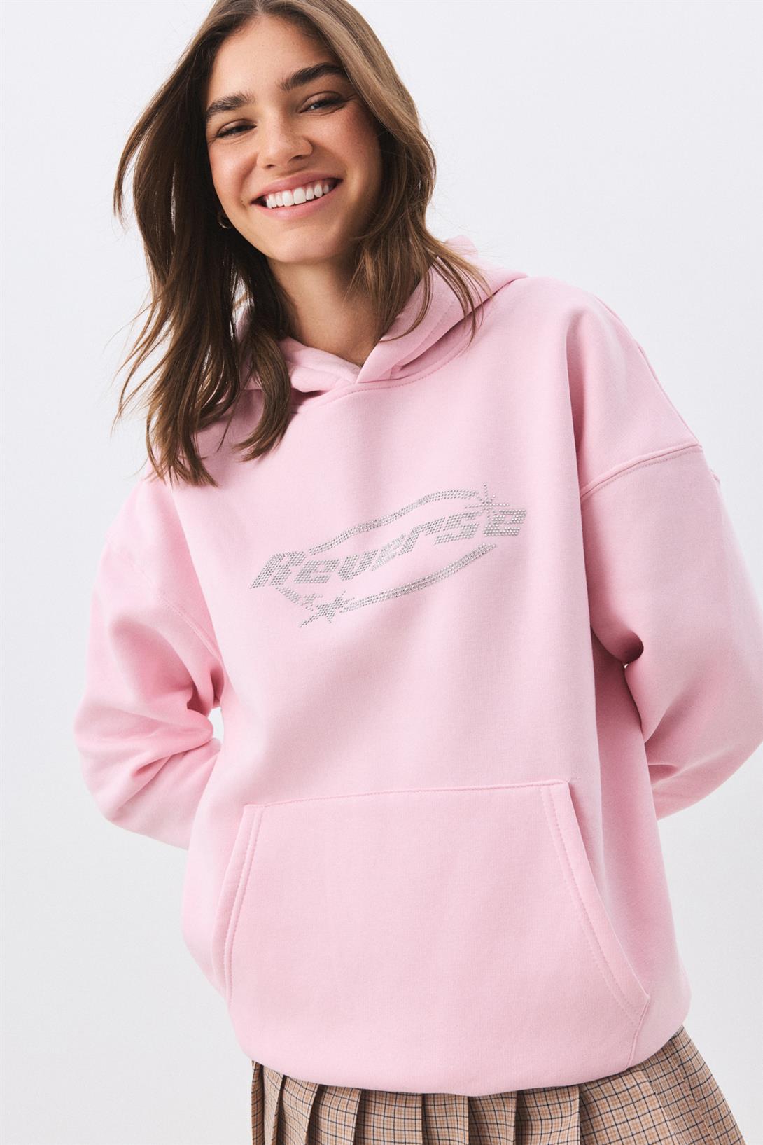Unisex Reverse Taş Baskılı Sweatshirt Pembe