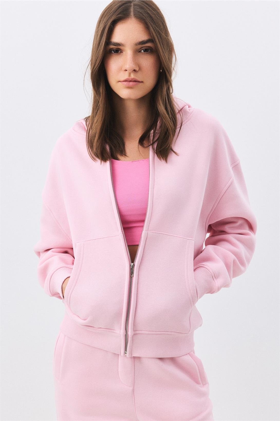 Kadın Premium Fermuarlı Kapşonlu Sweatshirt Pembe 2032