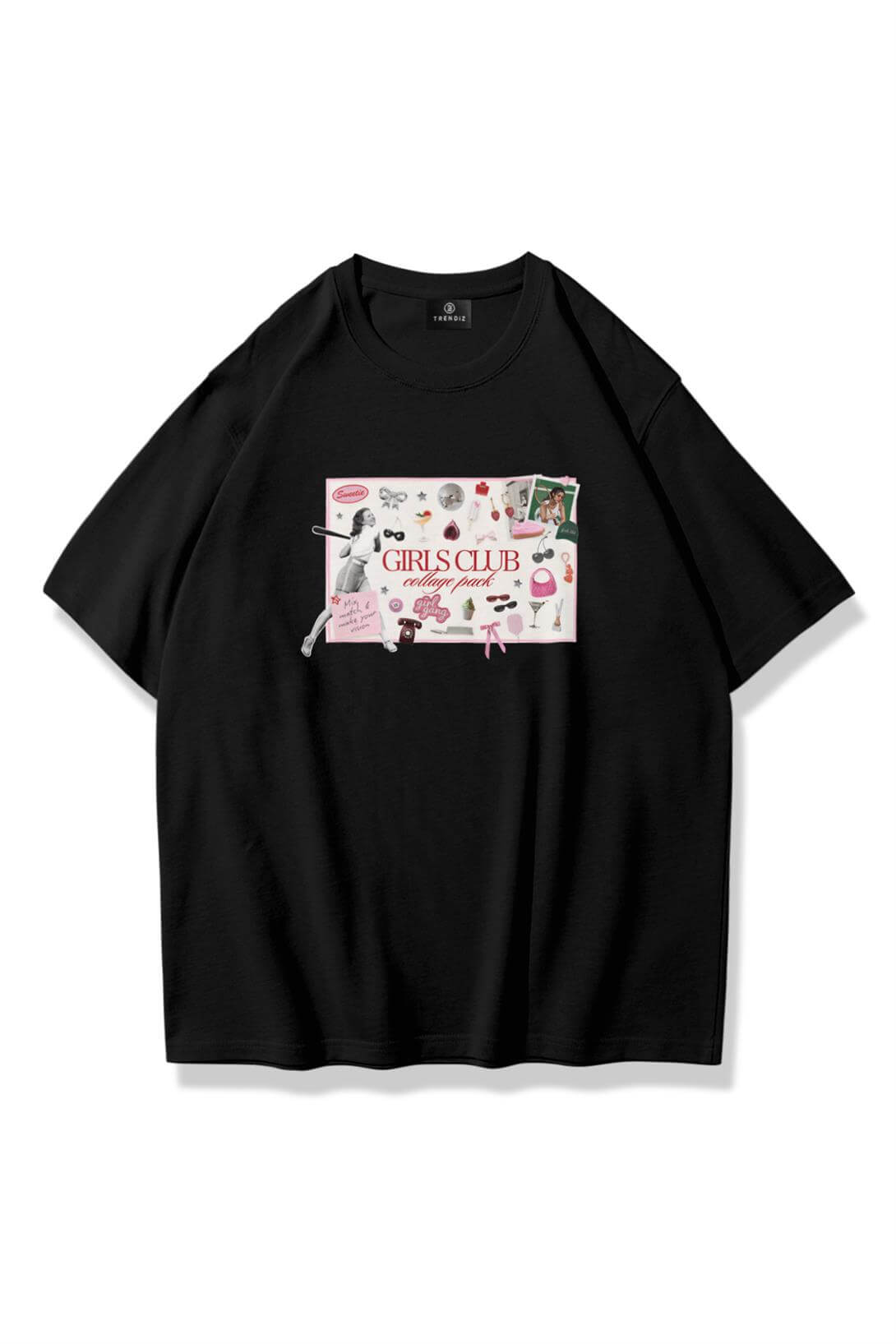 Kadın Girls Club Collage Tshirt Siyah