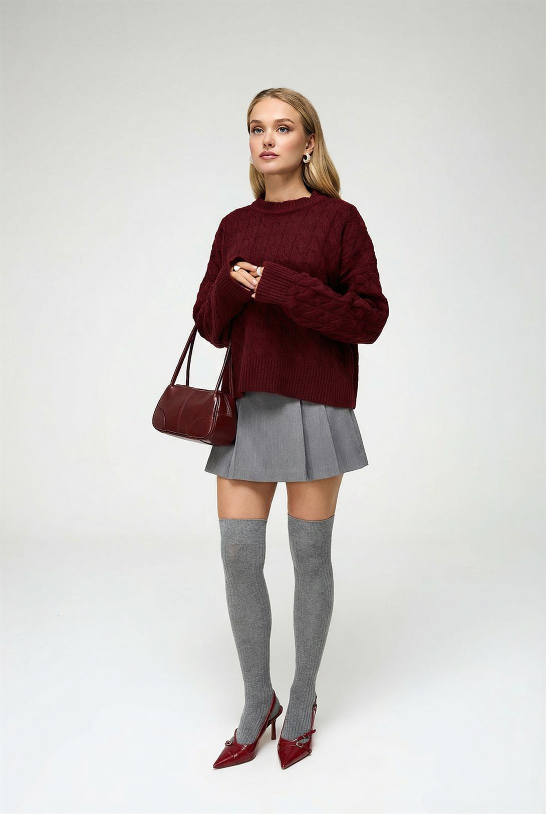 Kadın Baklava Desenli Kazak Bordo