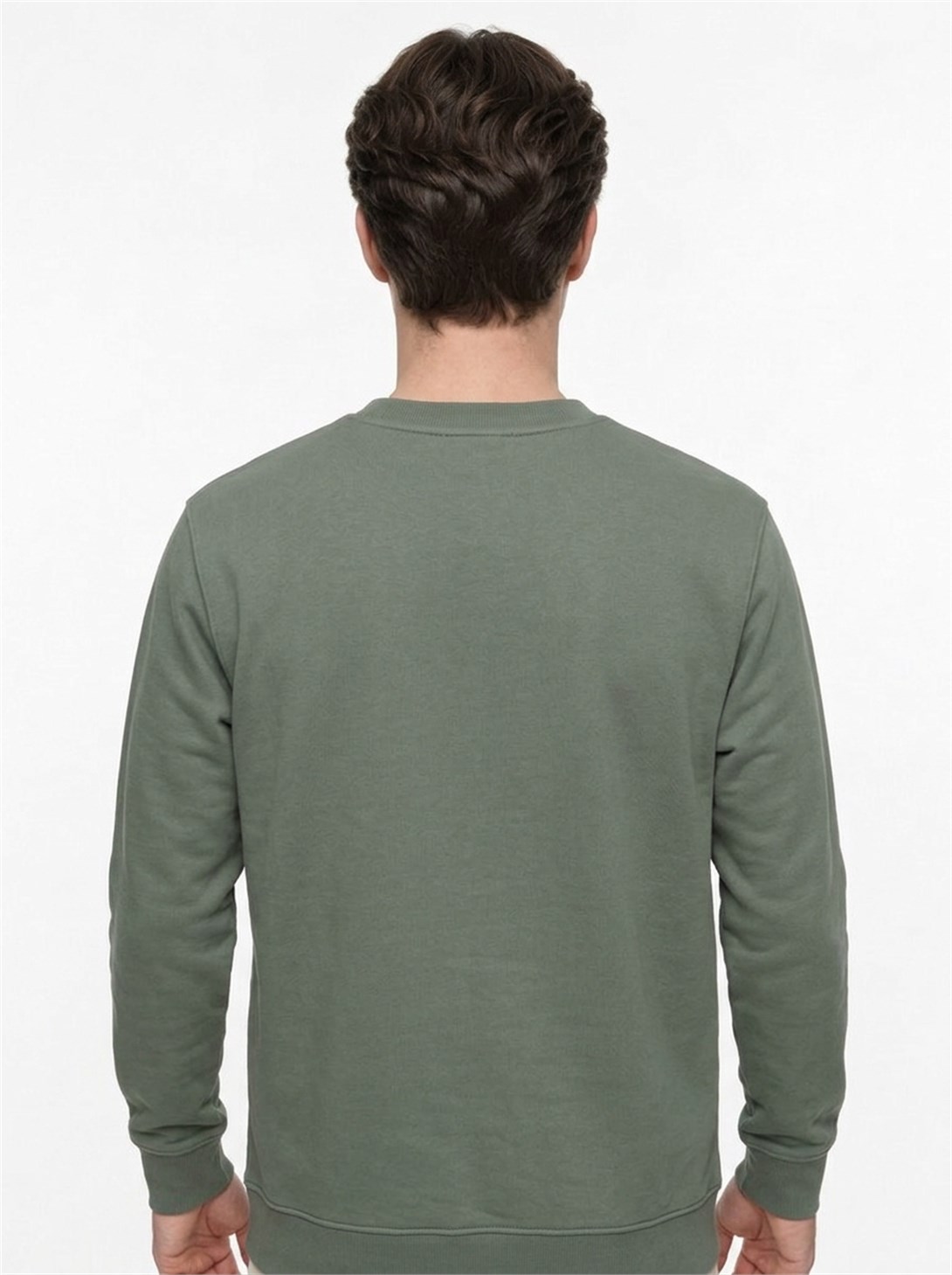 Erkek Standart Fit Normal Kesim 2 İplik Bisiklet Yaka Sweatshirt Haki