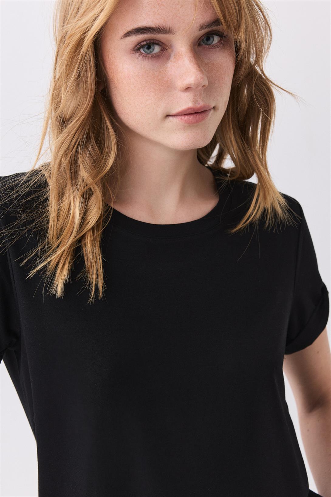 Kadın Slim Basic Viskon Tshirt Siyah 8013