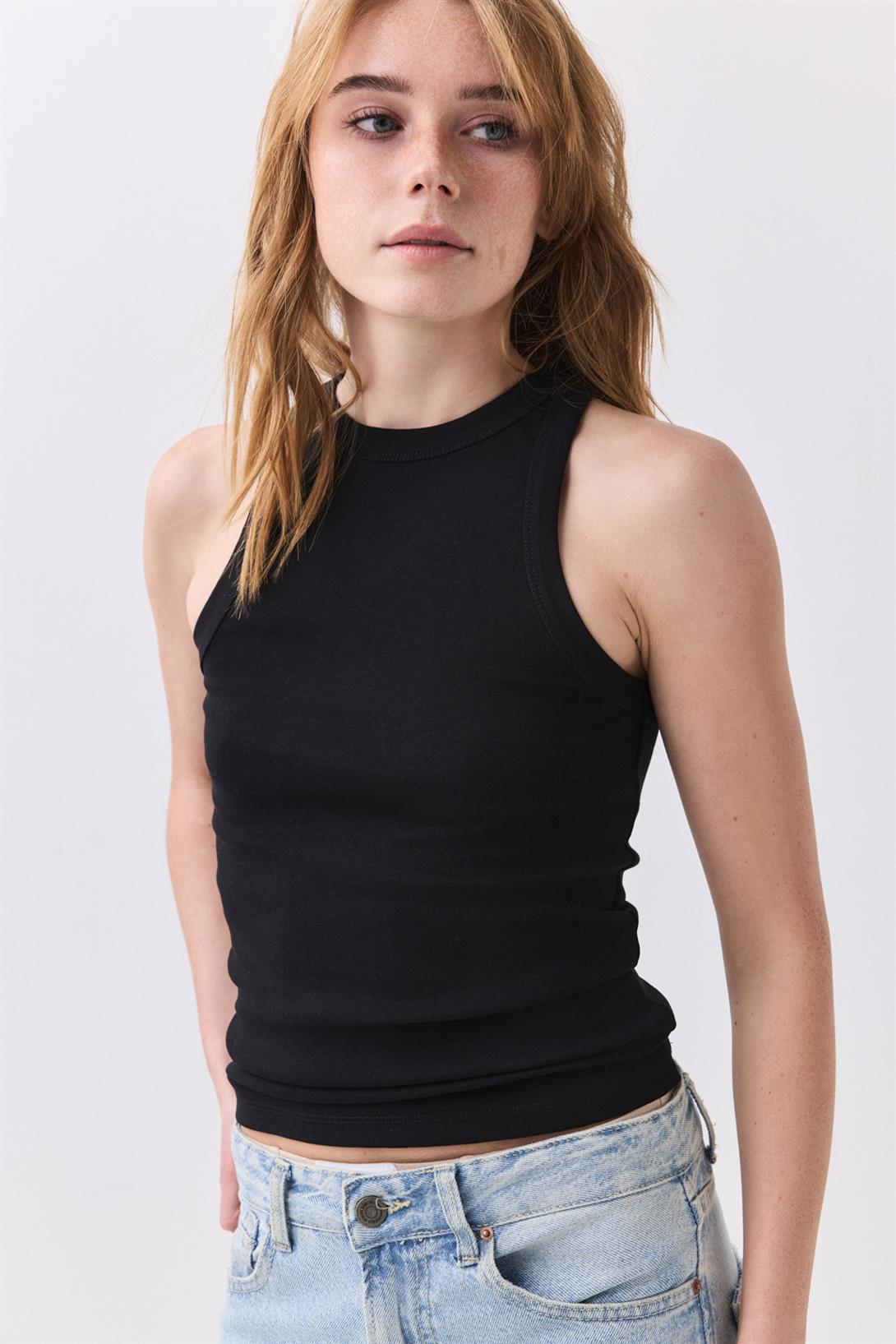 Kadın Pamuklu Askılı Halter Yaka Basic Atlet 2 li Paket Siyah Beyaz 9011