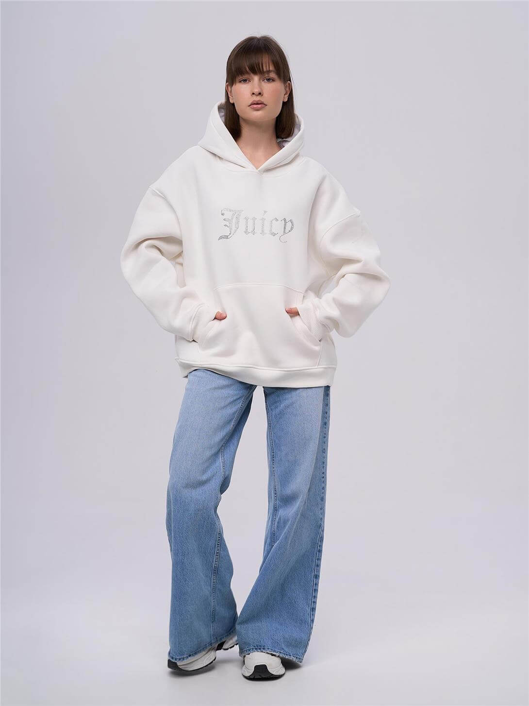 Unisex Juiciy Taş Baskılı Sweatshirt Beyaz