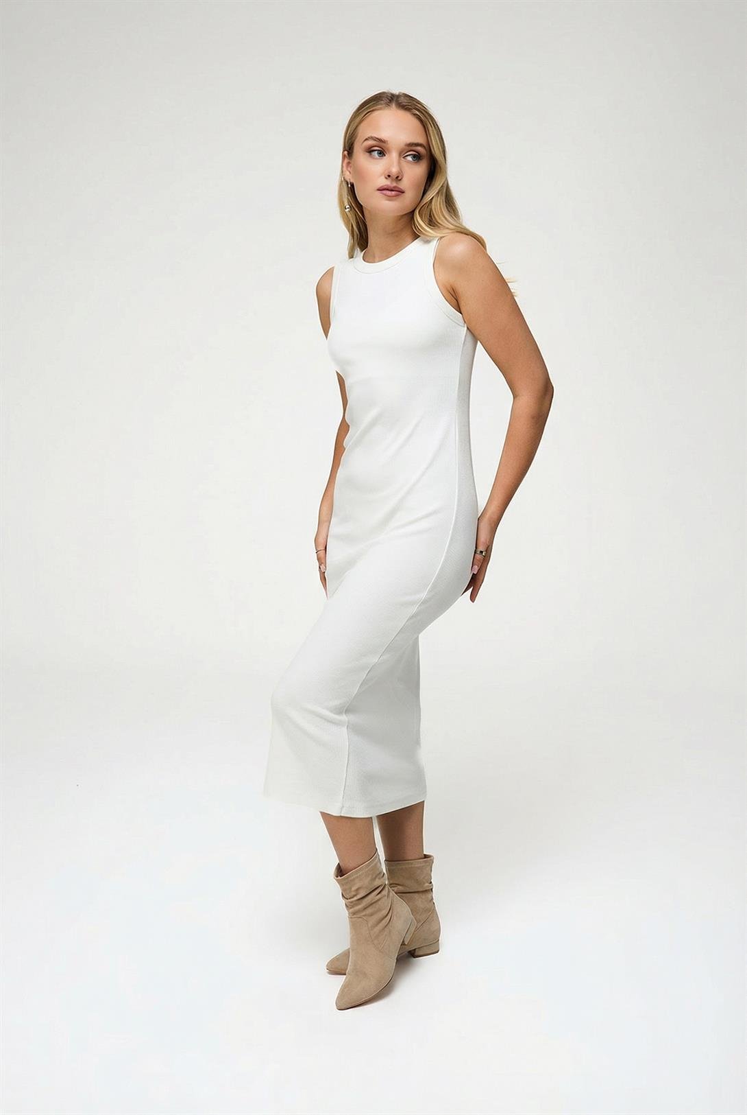 Kadın Düz Uzun Elbise Beyaz