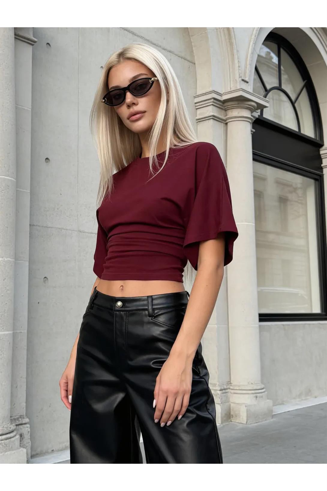 Kadın Bele Oturan Geniş Kollu Premium Bluz Bordo