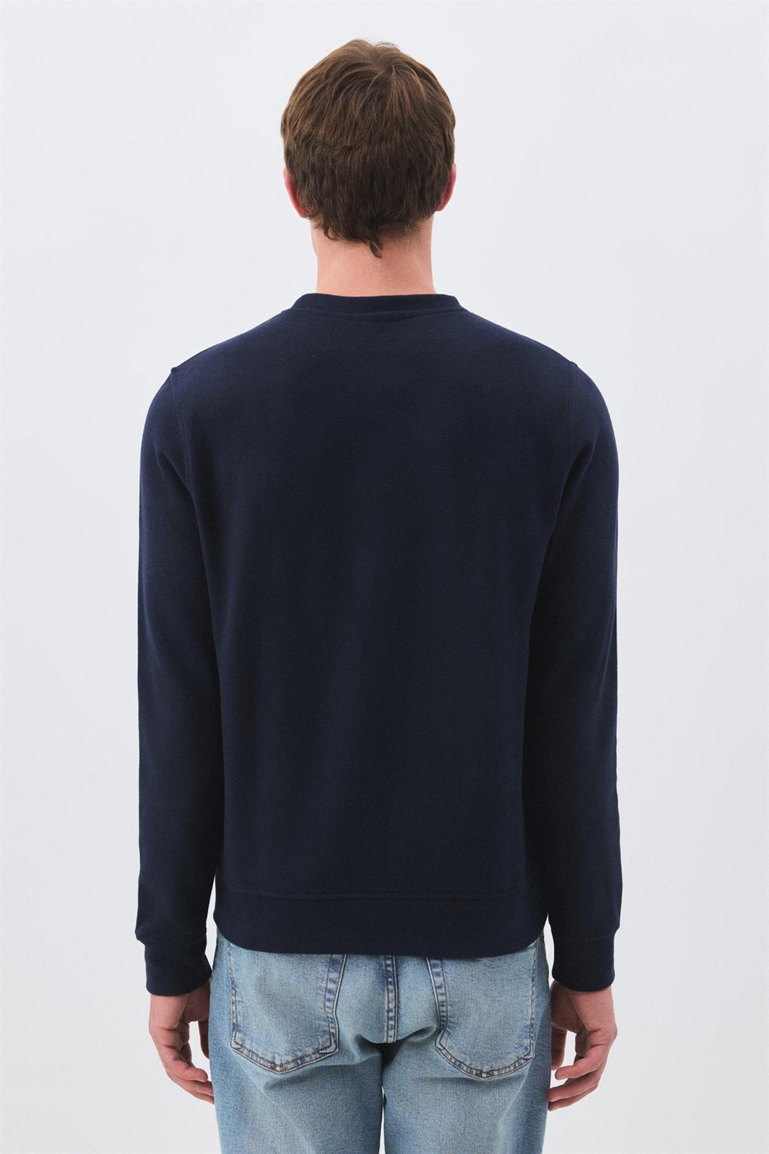 Erkek Slim Fit Pamuklu Selanik Kumaş Bisiklet Yaka Sweatshirt Lacivert