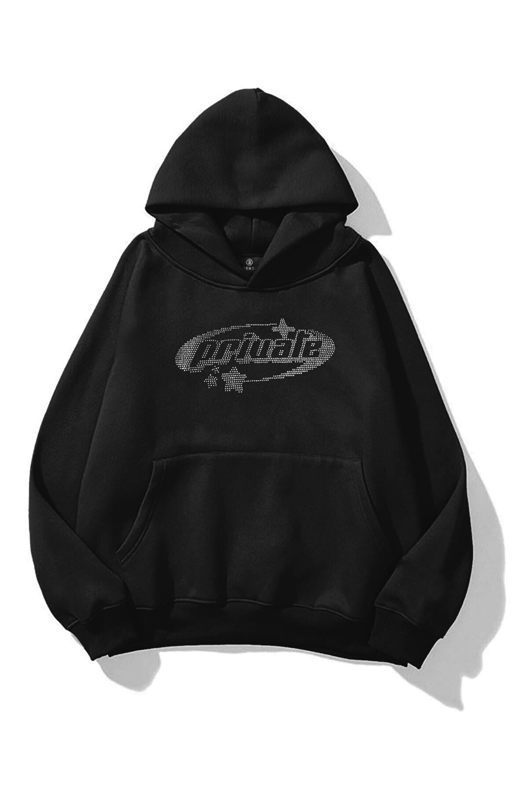 Kadın Private Taş Baskılı Sweatshirt Siyah