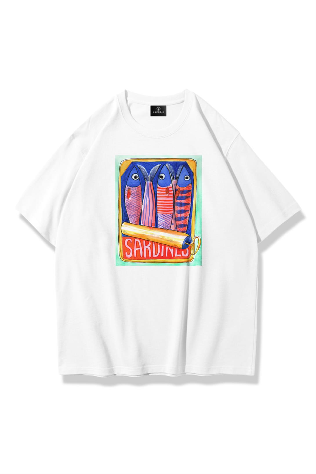 Unisex Sardines Tin Tshirt Beyaz