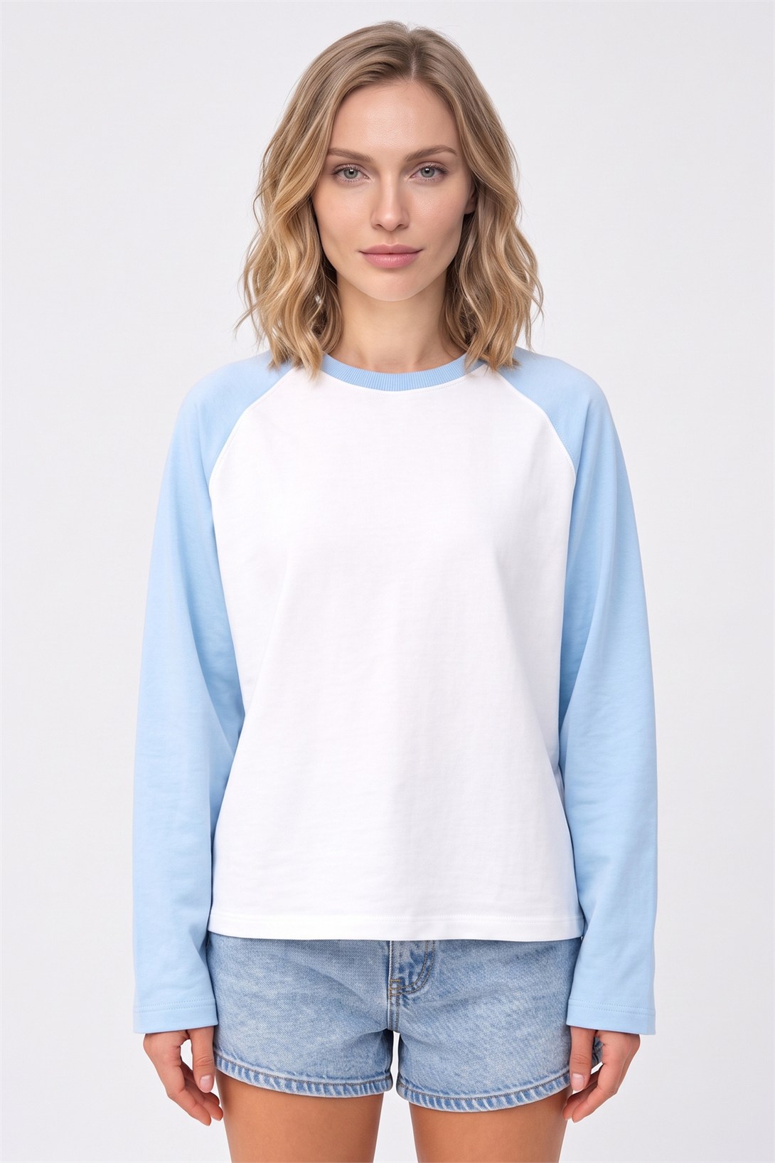 Kadın Reglan Kol Uzun Kollu Interlok T-Shirt Mavi Beyaz