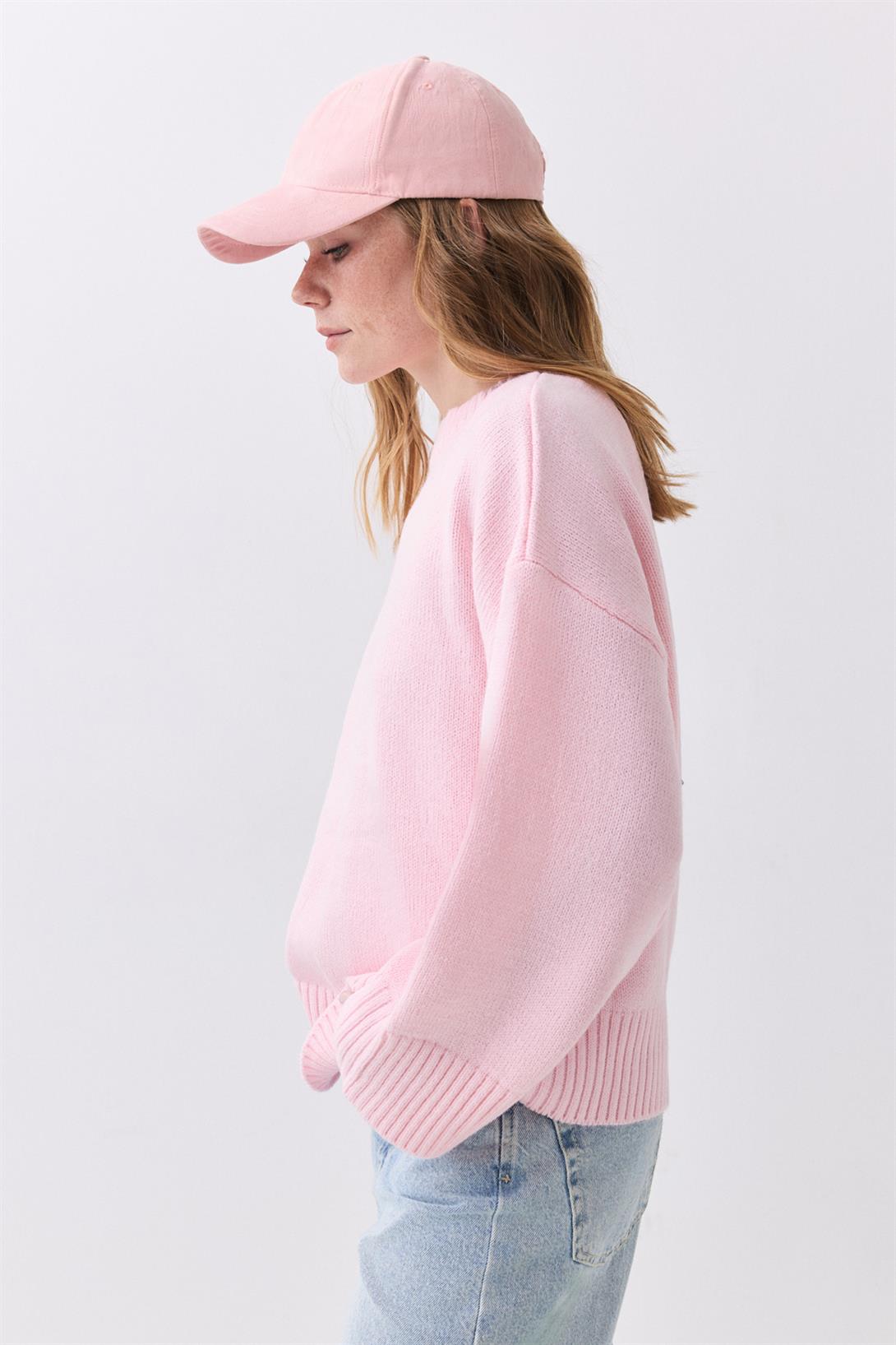 Kadın Bisiklet Yaka Oversize Triko Pembe 1011