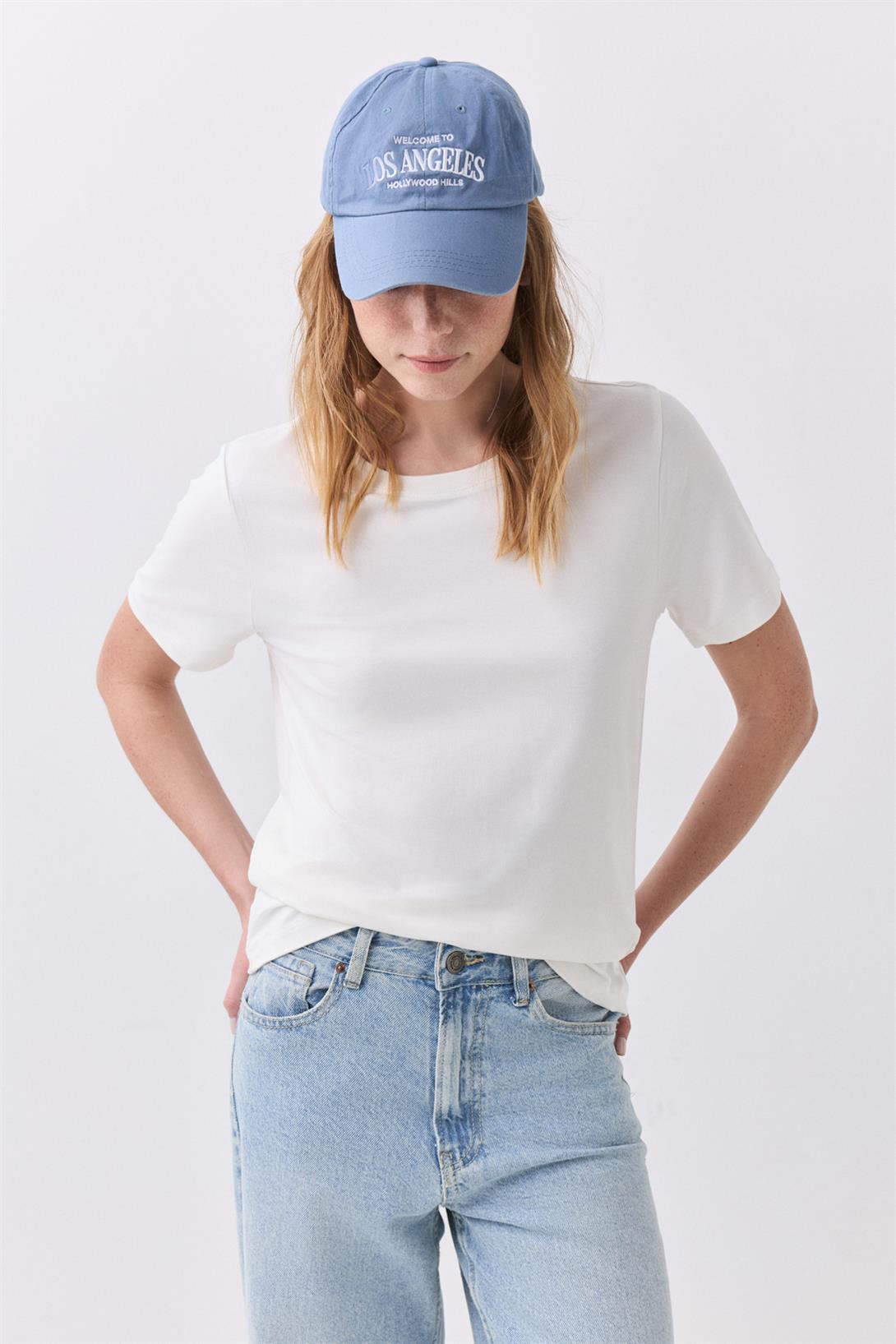 Kadın Slim Basic Viskon Tshirt Ekru 8013