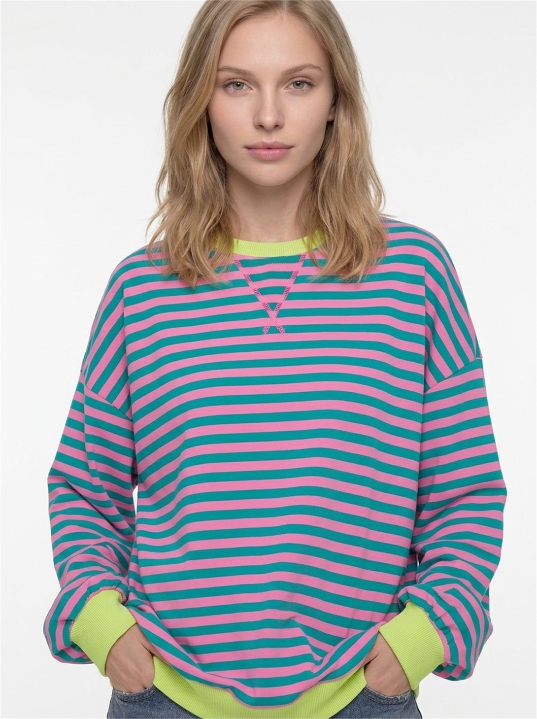 Kadın Çizgili Ribanalı Oversize Sweatshirt Turkuaz Pembe