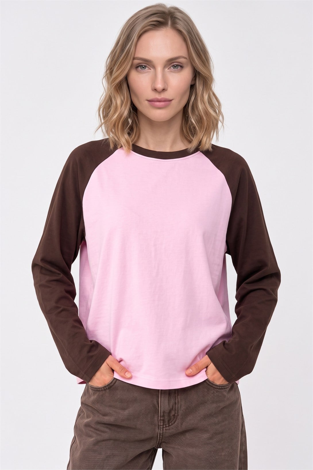 Kadın Reglan Kol Uzun Kollu Interlok T-Shirt Kahve Pembe