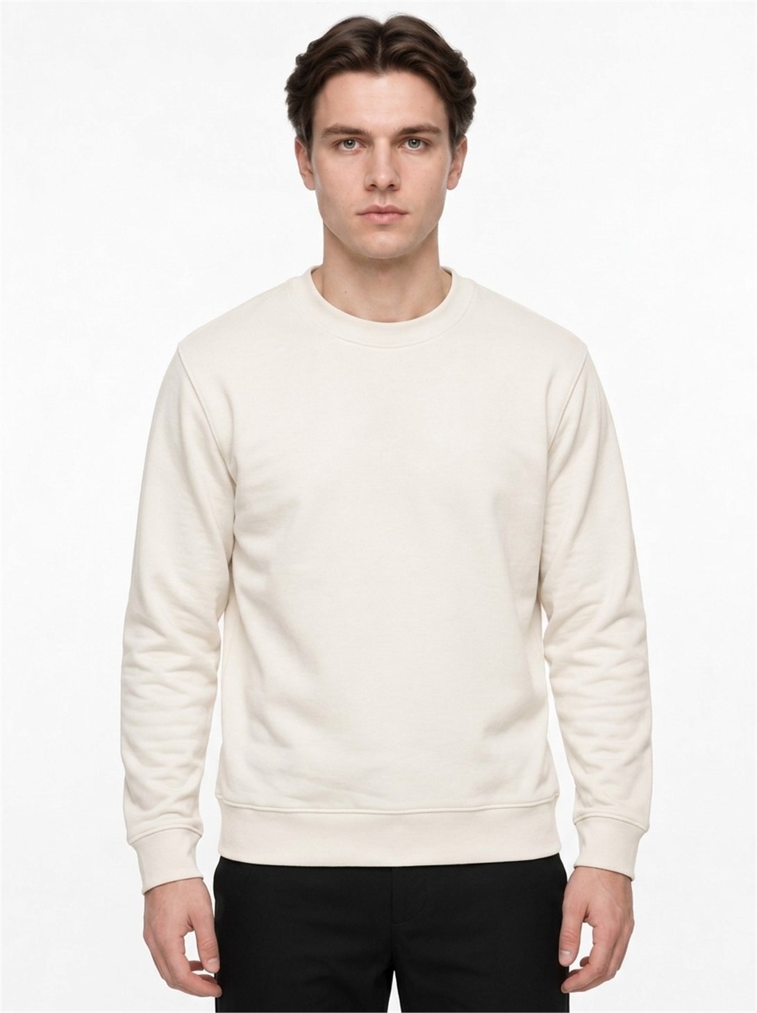 Erkek Standart Fit Normal Kesim 2 İplik Bisiklet Yaka Sweatshirt Ekru