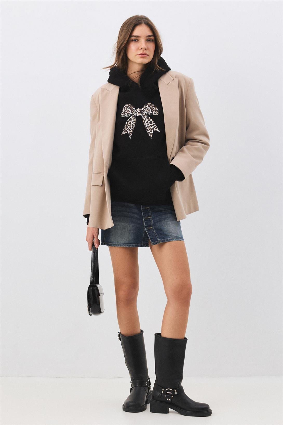 Kadın Leopar Kurdele Sweatshirt Siyah