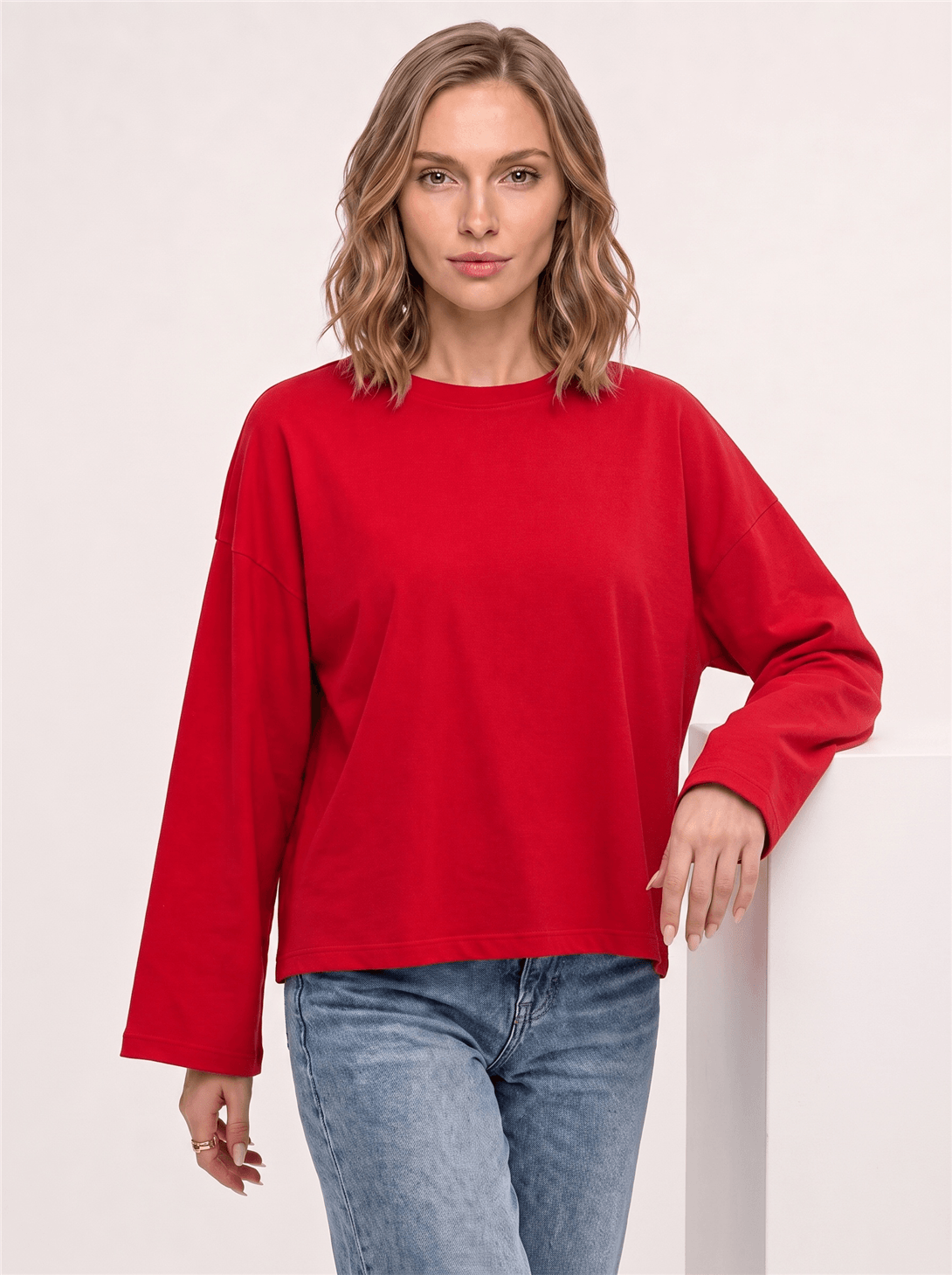 Kadın %100 Pamuk Bisiklet Yaka Uzun Kollu T-shirt Kırmızı 