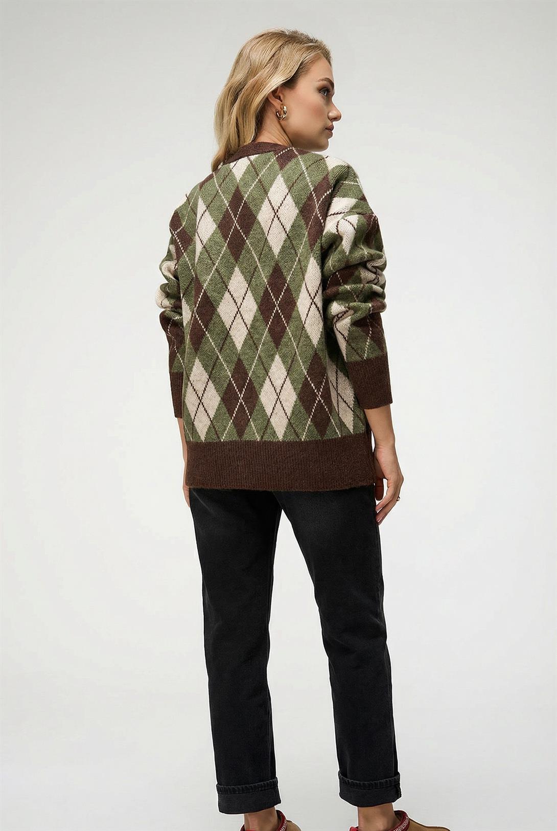 Kadın Baklava Desenli Oversize Triko Hırka Haki 6937