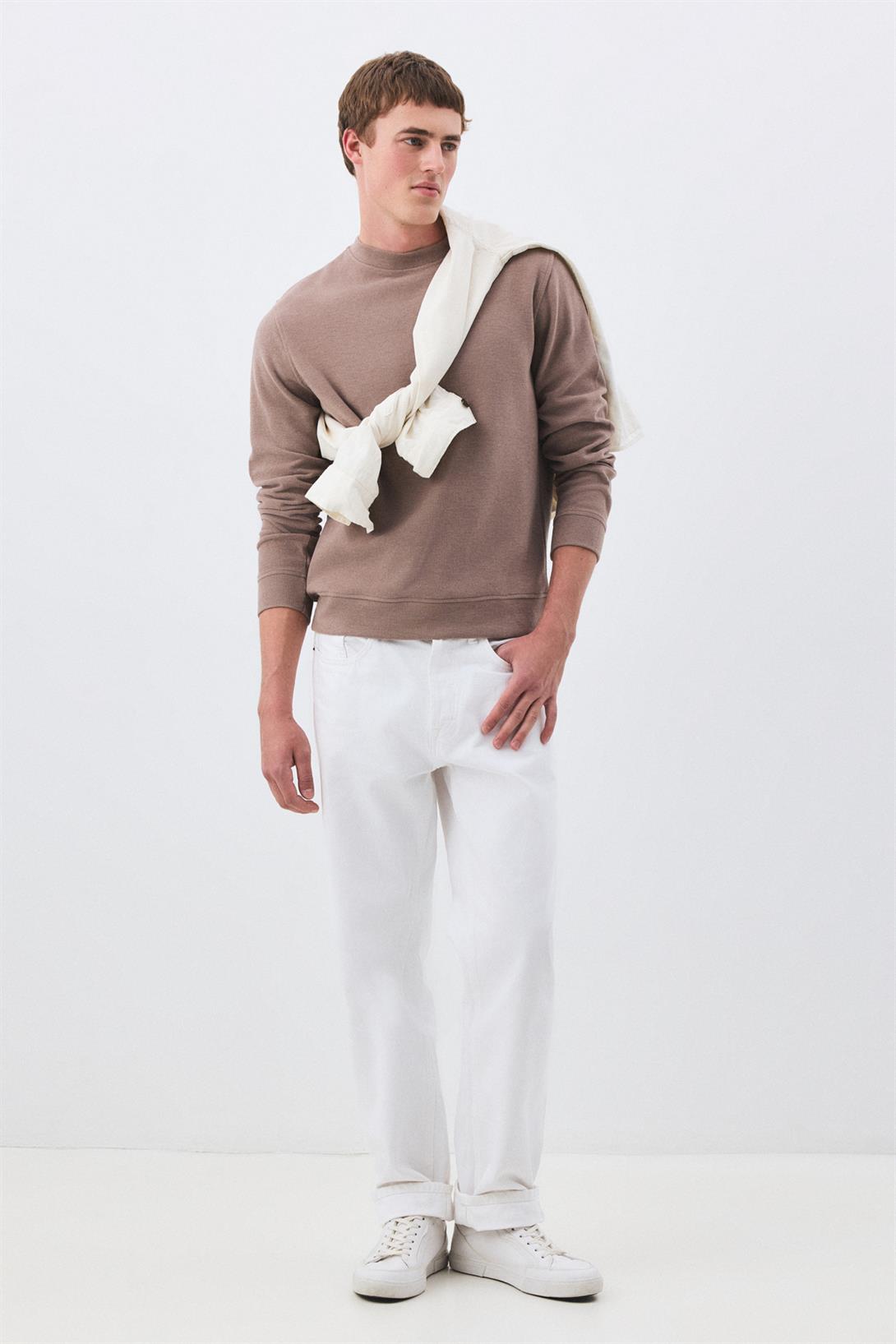 Erkek Slim Fit Pamuklu Selanik Kumaş Bisiklet Yaka Sweatshirt Camel