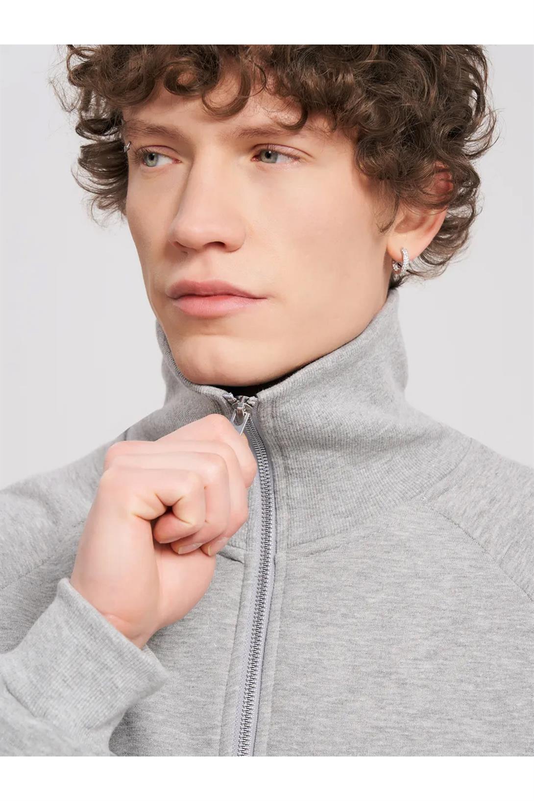 Unisex Relaxed Fit Yarım Fermuarlı Dik Yaka Sweatshirt Gri melanj 2052