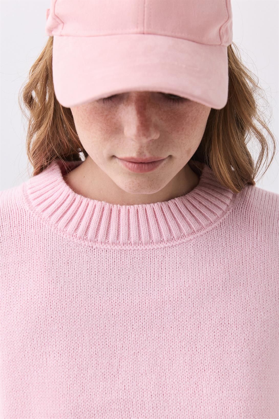 Kadın Bisiklet Yaka Oversize Triko Pembe 1011