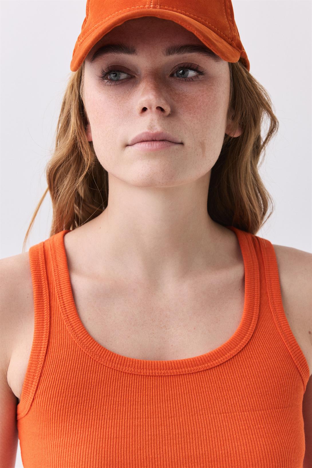 Kadın Fitilli Görünümlü Kalın Askılı Atlet Turuncu 9012