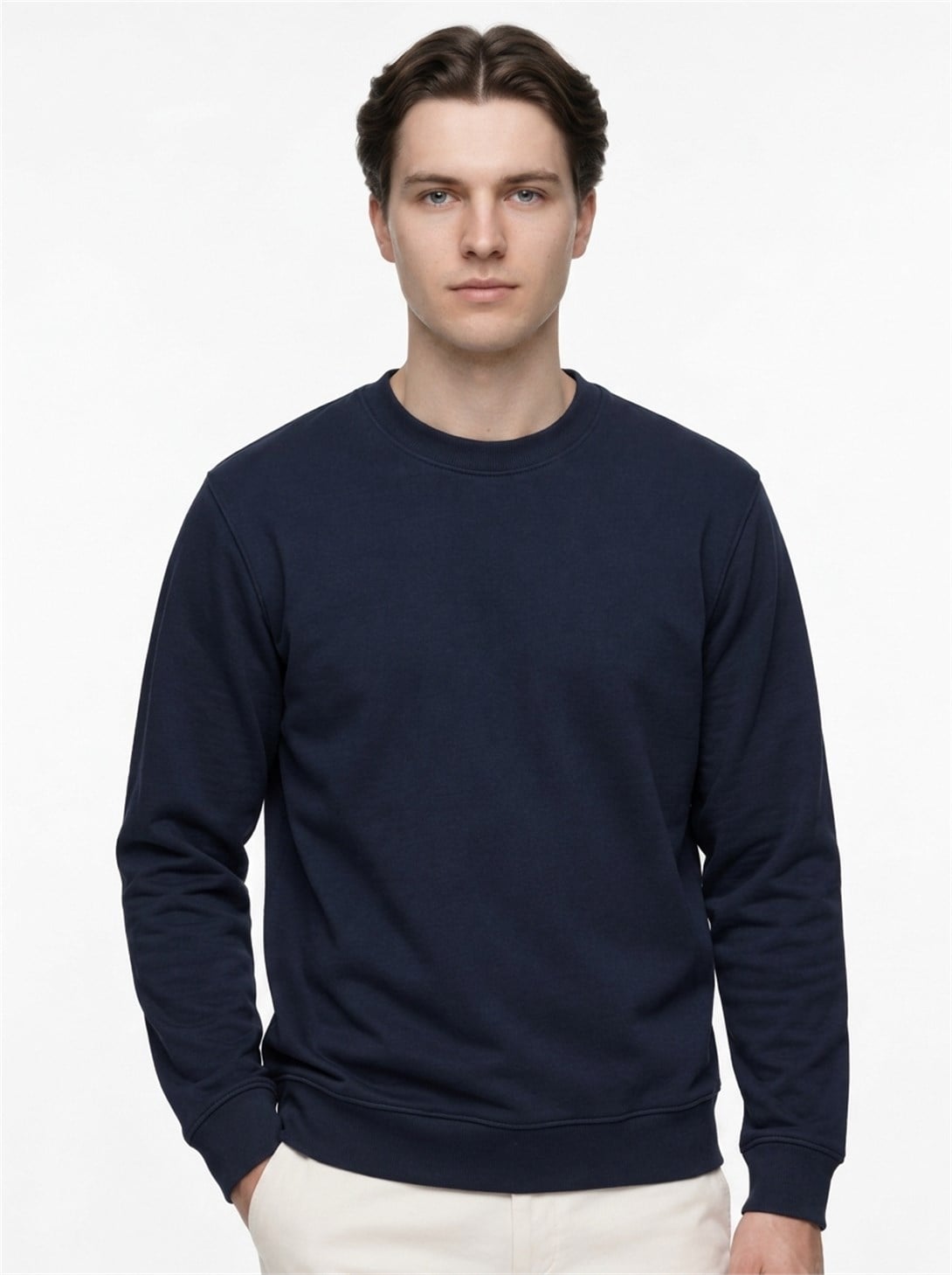 Erkek Standart Fit Normal Kesim 2 İplik Bisiklet Yaka Sweatshirt Lacivert
