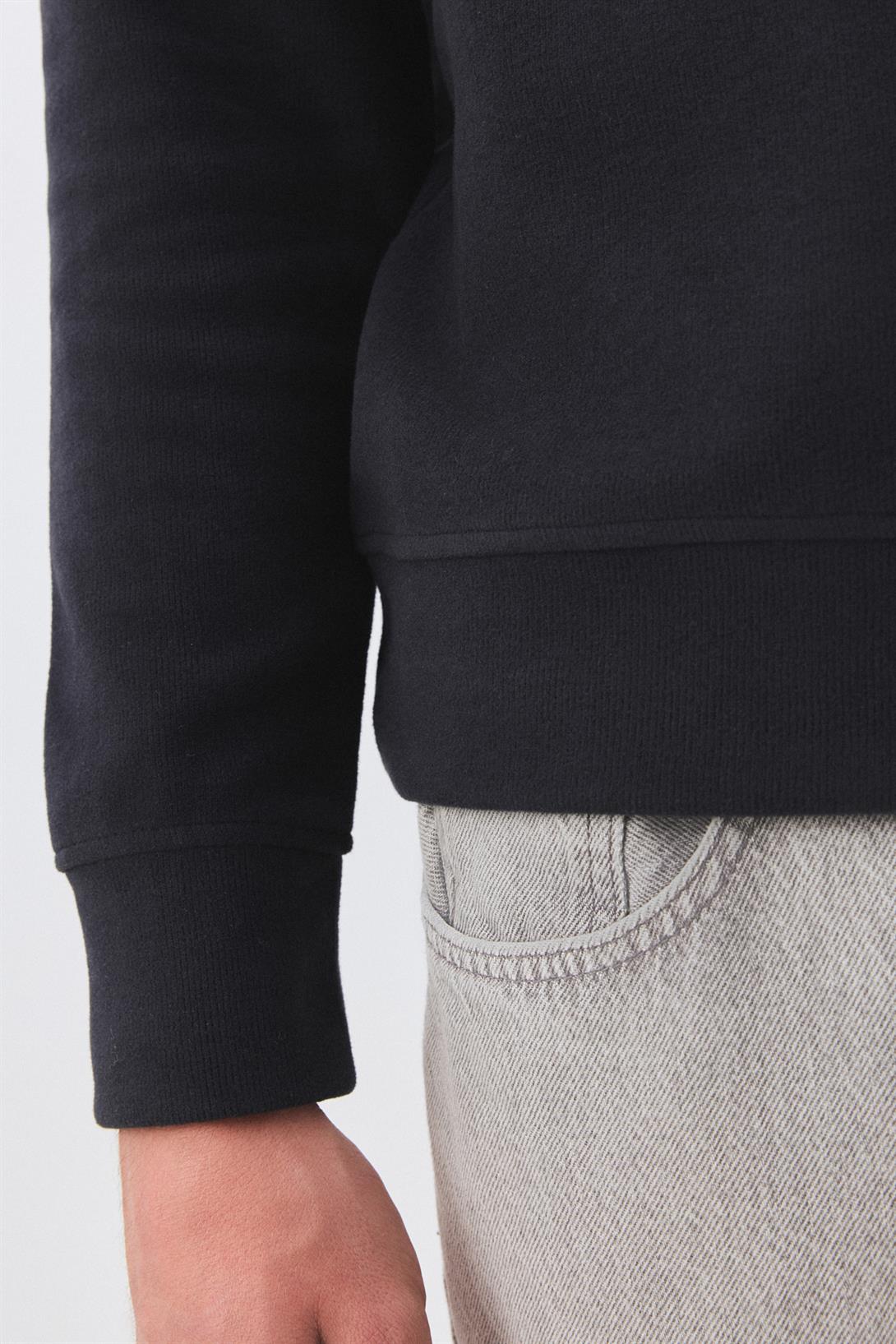 Erkek Standart Fit Pamuklu Selanik Kumaş Yarım Fermuarlı Dik Yaka Sweatshirt Füme