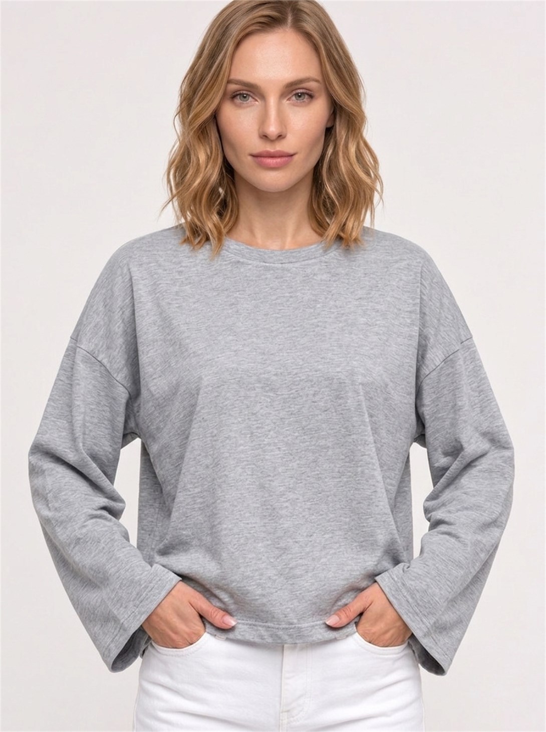 Kadın %100 Pamuk Bisiklet Yaka Uzun Kollu T-shirt Grimelanj