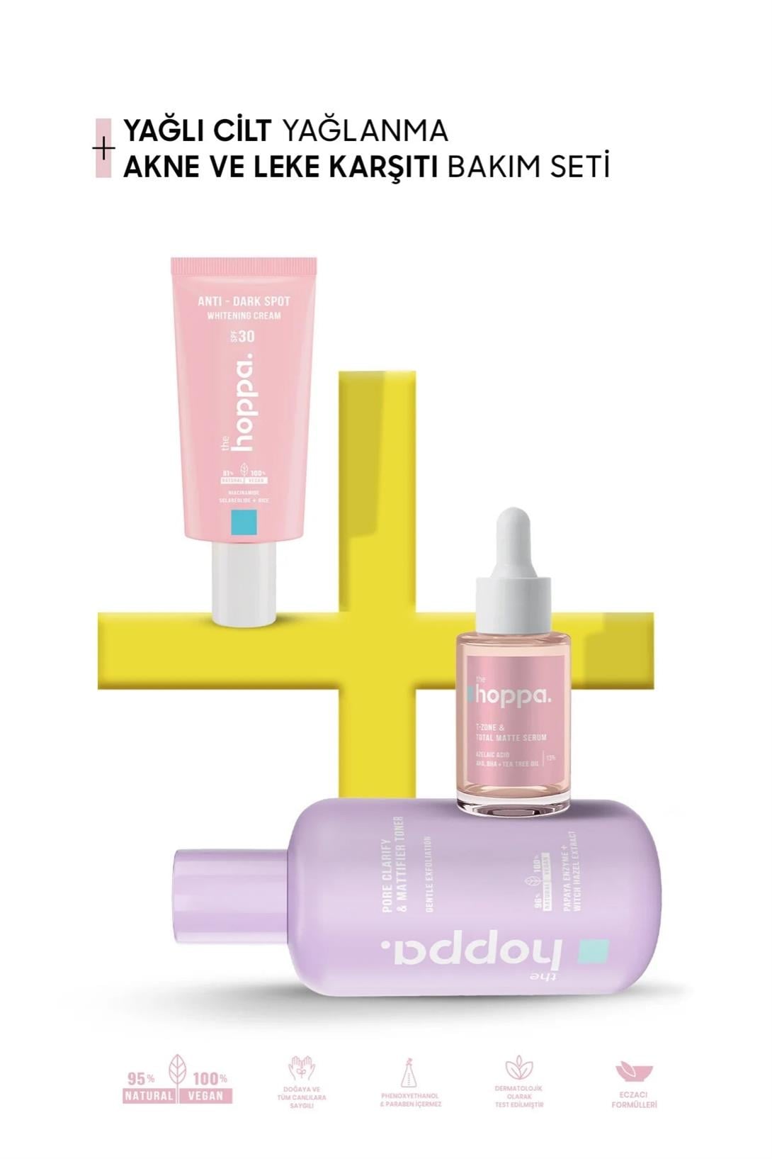 Hoppa Yağlı Ciltler İçin Yağlanma, Akne ve Leke Karşıtı Bakım Seti, Tonik + Serum + Leke Kremi SPF30