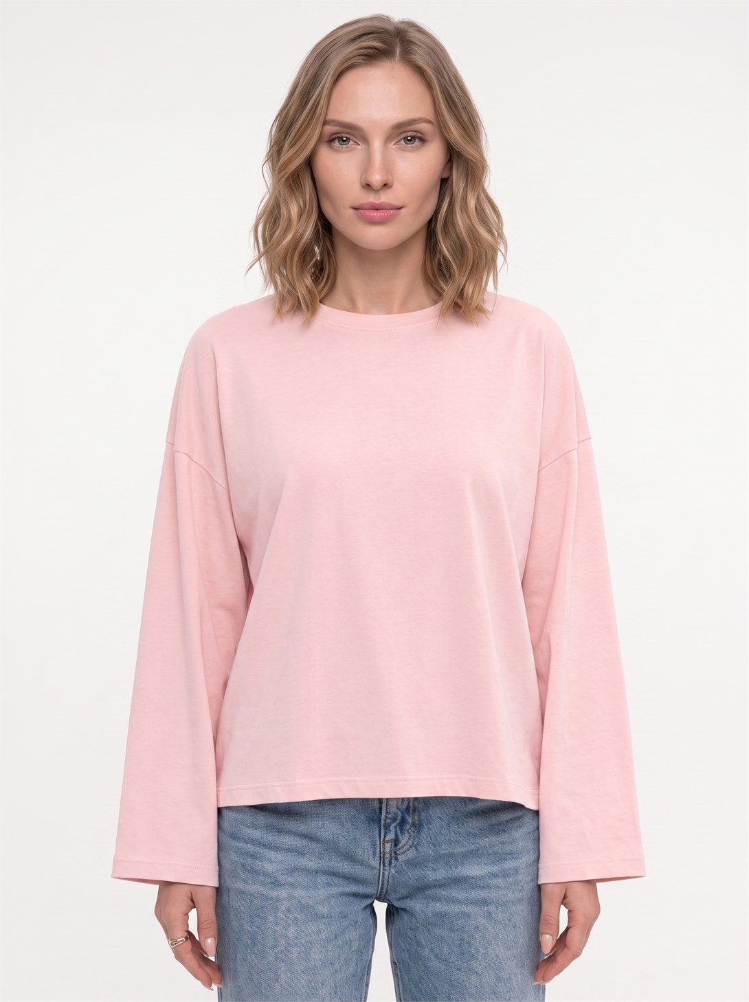 Kadın %100 Pamuk Bisiklet Yaka Uzun Kollu T-shirt Pembe 